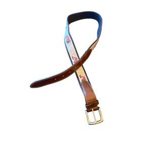 Vineyard Vines Leather & Fabric Belt With American Flag Whale Design Size 36